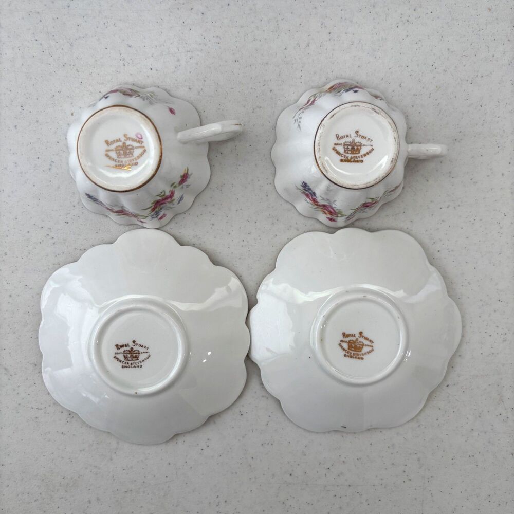 Royal Stuart Spencer Stevenson Pink Floral Dainty Teacup Saucer England Set of 2 - Picture 6 of 9